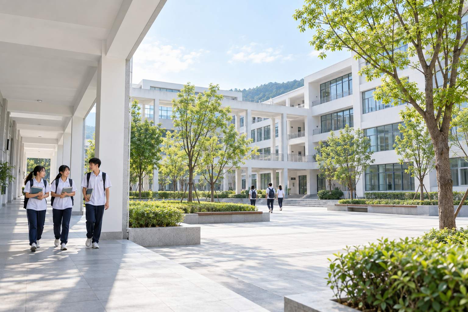 学生经过校园教学楼